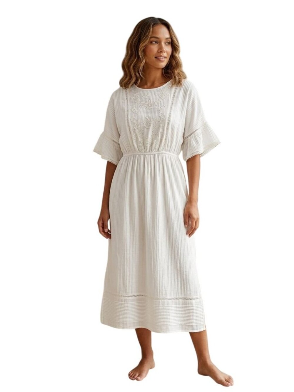 Zara NWT Romantic Bohemian Gauze Lace Seed Pearl Cotton/Linen Midi Dress Size M